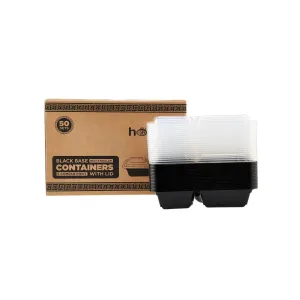 50 Sets Black Base Rectangular 2 Compartment Microwavable Container