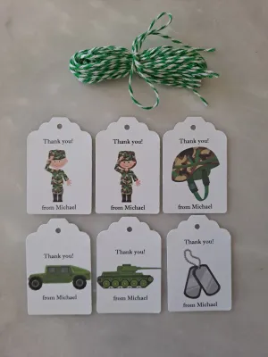 Kid's Personalized Army Theme Birthday Paper Tags 2" x 1.5", Set of 12